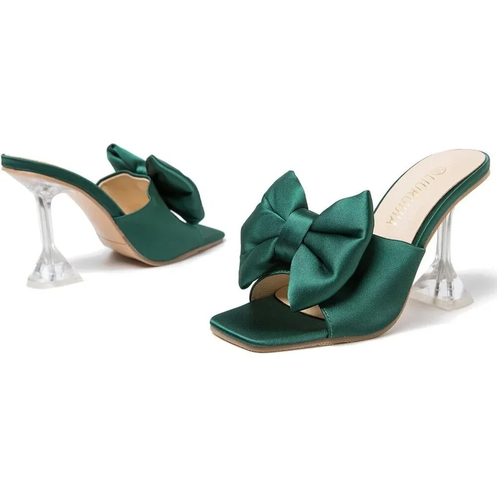 Women's Bow High Heels Mules Dress Sandals Slip On Party Wedding Bridal Green